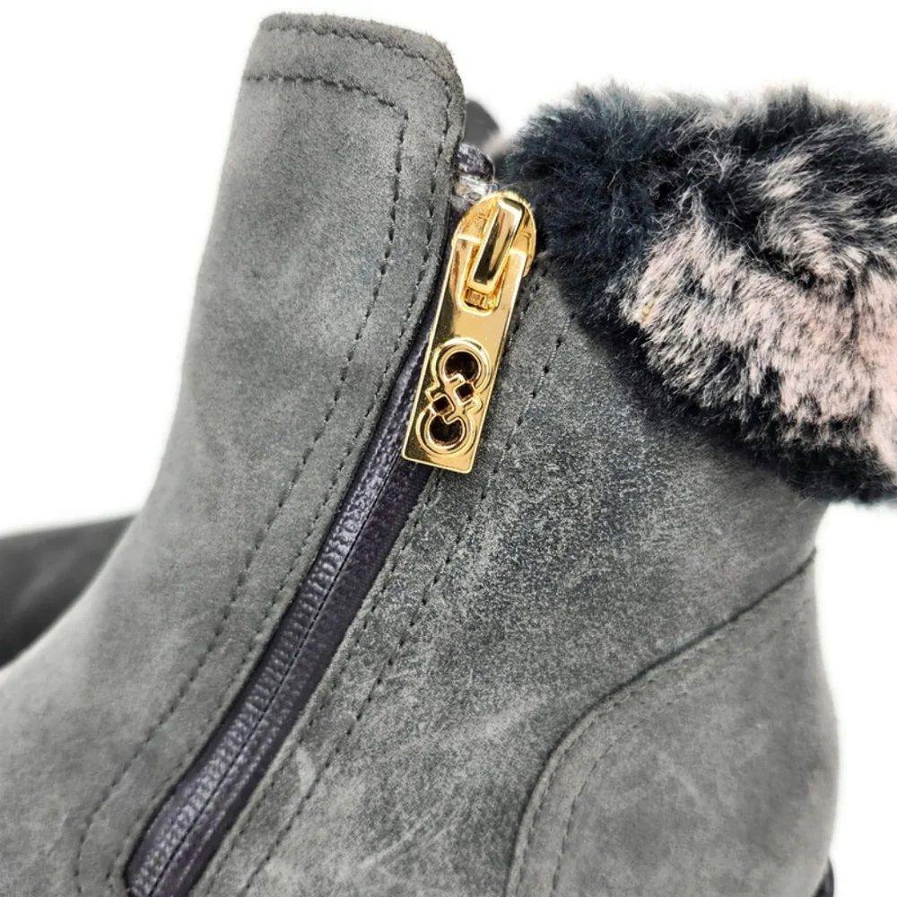 Cole Haan Quinney Grey Suede Faux Fur Waterproof Dual Zip Lug Sole Chelsea Boots